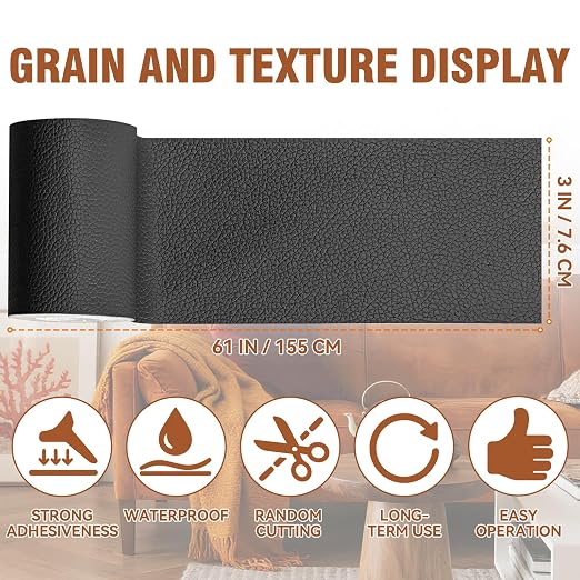 Vigorder Leather Repair Tape, 3" x 61" Self Adhesive Leather Repair Patch for Furniture, Sofa, Car Interior, Office Chair (Black)