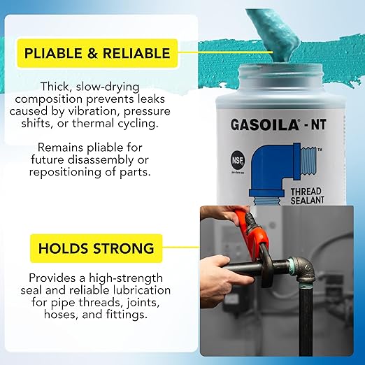Gasoila NT, Pipe Thread Sealant, High-Performance Leak Protection, NSF, Made in USA, Free of PFAS, 1 Pint Brush-in-Cap, -50°F to 400°F, for Metal & Plastic, Seals to 6,000 PSI