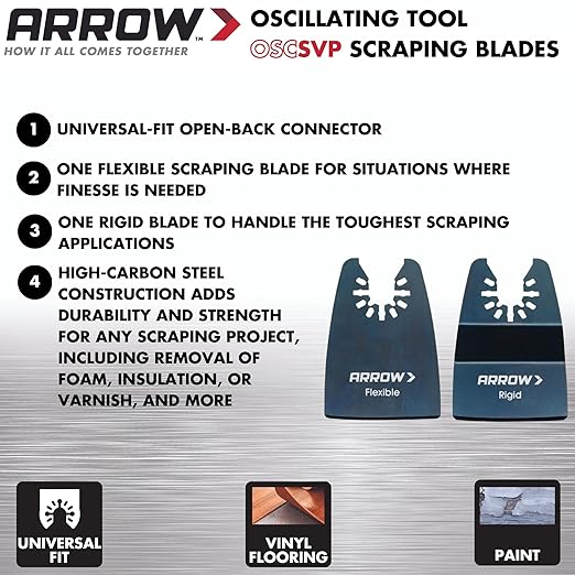 Arrow OSCSVP-2 General Purpose Scraping Blade Kit for Oscillating Multitools, Includes 2 Scrapers for Vinyl Flooring, Carpet, Caulk, Sealant, and Paint, Universal, Fits Most