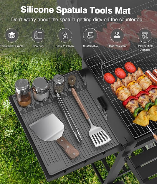 Silicone Grill Mat Compatible with Blackstone, BBQ Griddle Tools Mat with Drip Pad, Large Spatula Holder for Outdoor Kitchen Counter, Gifts for Men (Gray)