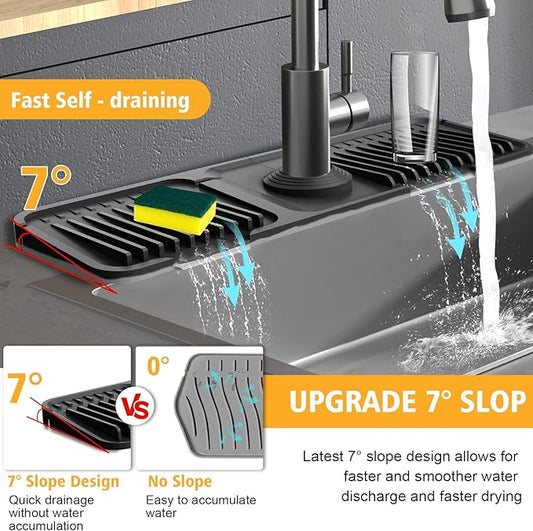 17.7-Inch Kitchen Sink Splash Guard Mat | 7° Slope for Fast Self-Draining | Snap-Lock Design | Universal & Cuttable Silicone