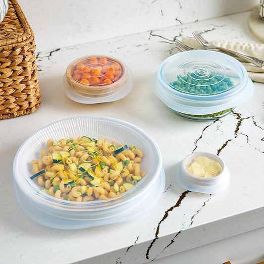 Stasher Premium Reusable Silicone Stretch Lids, Clear, 4pk of 9”, 6.5”, 4.5”, and 2.5” Lids, Airtight Seal, Food Container Covers, BPA Free, Leak-Free, Dishwasher Safe, Microwave Safe, Eco-Friendly