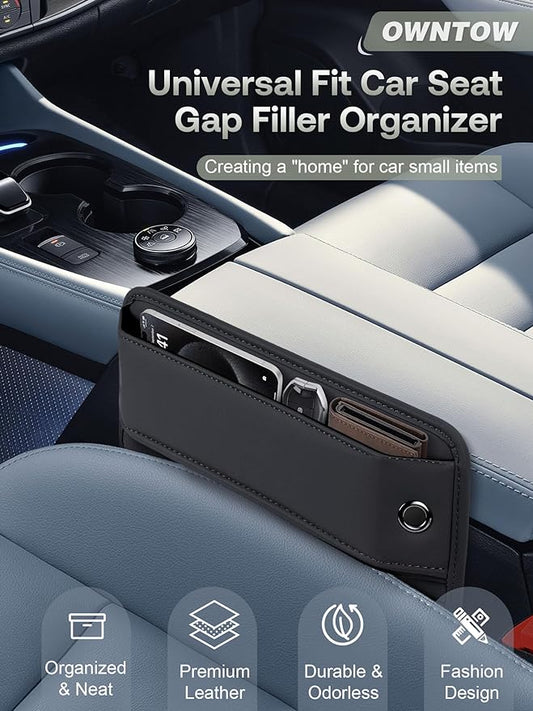 Premium Leather Car Seat Gap Filler Organizer (0.2”-1.2" Gaps), Clever Gifts for Car SUV Truck Owners (Black, 2 Pack)