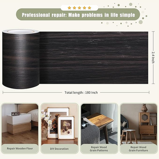 Besezx Wood Grain Repair Tape, 2.4" X15', Self Adhesive Wood Grain Repair Patch for Tables, Chairs, DIY,Baseboards, Doors, Windows, Floors and Furniture Renovation.(Black Brown)
