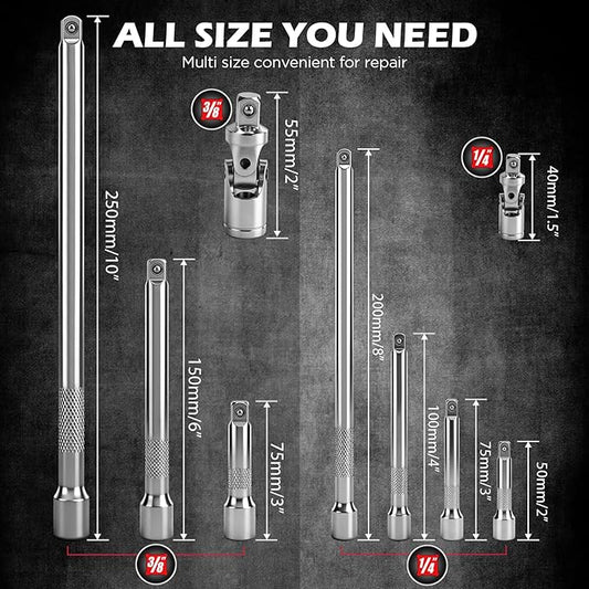 SEDY 9-Piece Socket Extension Bar Set, 1/4" & 3/8" Drive Ratchet Extensions 2", 3", 4", 6", 8" & 10" with Universal Joints, CR-V Steel for Tight Spaces