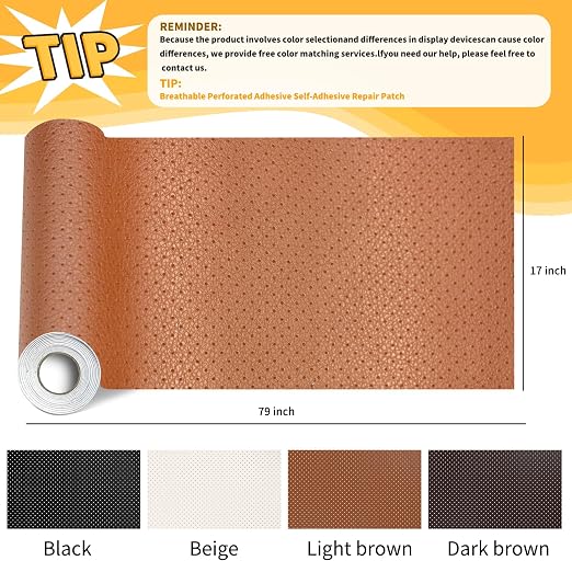17x79 Self-Adhesive Leather Tape for Car Seat Repair - Breathable Perforated Patch for Couches & Office Chairs | Faux Leather & Vinyl Repair Kit (Light Brown)