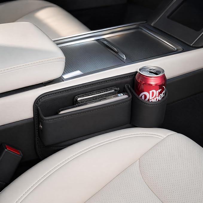 2 Pack Leather Car Seat Gap Organizer Filler with Cup Holder | PVC Leather Seat Gap Filler, Universal Front Seat Storage Box for Cell Phones, Wallets, Keys, Cards, Interior Accessories