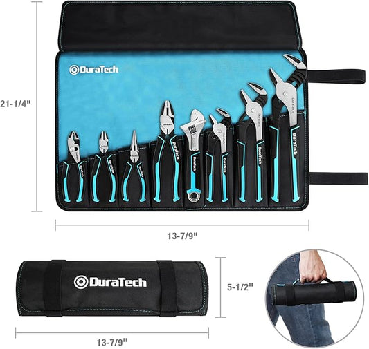 DURATECH 8-Piece Pliers Set with Rolling Pouch, Premium Cr-V/Cr-Ni Construction, (12", 10", 8" Groove Joint Pliers, 8" Adjustable Wrench, 8" Linesman, 6" Long Needle Nose, 6" Slip Joint, 6" Diagonal)