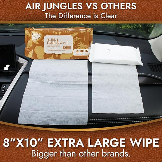 Air Jungles 3in1 Leather Cleaner Wipes 70 Count (3 Pack), XL 8x10 Inch | Clean, Condition, Protect Wipes For Vinyl & Leather Apparel, Furniture, Auto Car Interior, Shoes, Boots, Bags
