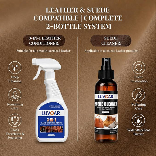 Leather Cleaner and Conditioner Kit - and More for Car Interiors, Apparel, Furniture, Boots & Accessories - with Microfiber Brush & Microfiber Cloth 2 Bottles (8 oz Each)