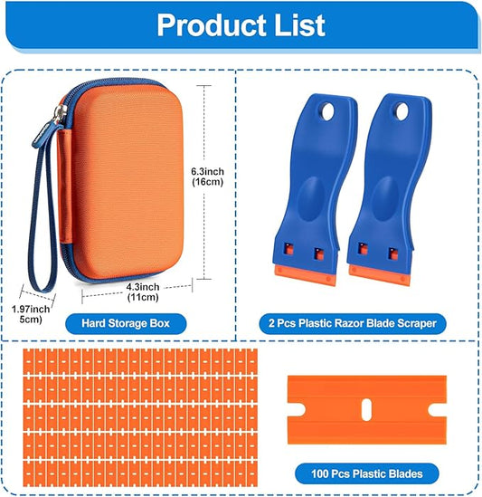 Plastic Razor Blade Scraper Kit with Hard Case – 2 Plastic Scraper & 100 Plastic Razor Blades for Glass, Wood, Car Window Sticker Removal Tool, Plastic Scrapers Non Scratch, Caulk Remover Tool