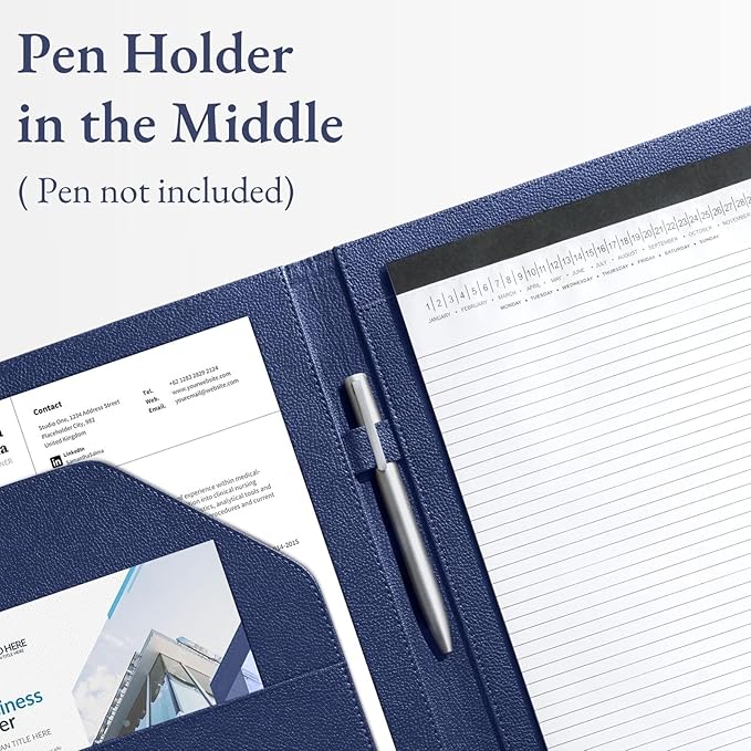 Mymazn Padfolio, Portfolio Folder, Legal Pad Holder, Resume Folder | Faux Leather Binder with Document Organizer, Business Card Holder, Letter-Size Notepad for Interview, Men & Women, Deep Blue