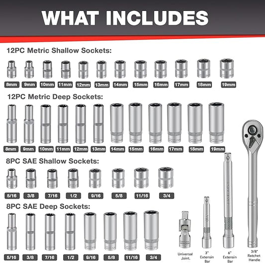 EACELIY 44pcs 3/8" Drive Impact Socket Set,Drive Master Socket Set,SAE/Metric, Deep & Shallow with 3/8" Drive Head Ratchet,Universal Joint,Extension bar (3” & 6”),6 Point,CR-V Steel,Mirror Chrome