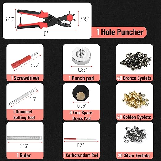 UNCO- Leather Hole Punch Tool Set, Red Handle, Multi Punch Sizes, Belt Hole Puncher for Leather, Belts, Straps, Pet Collars, Shoes, Saddles, Canvas & DIY Crafts, with Grommet Eyelet Kit 100 Set