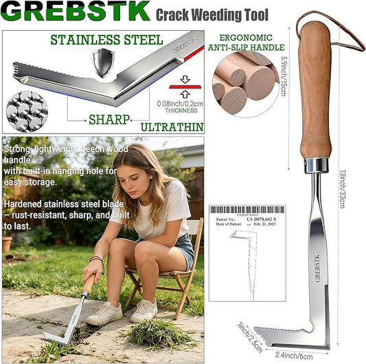 GREBSTK Crack Weeder Crevice Weeding Tool Stainless Steel Manual Weeder Beech Handle Gardening Tool