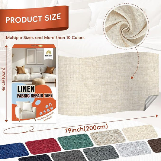 Linen Fabric Repair Tape 4x79 Inch, Self Adhesive Couch Patch Repair Fabric Tape for Furniture, Linen Patch Kit for Couch, Carpet, Upholstery, Chair, Sofa, Pillows, Bag (Coarse, Beige)