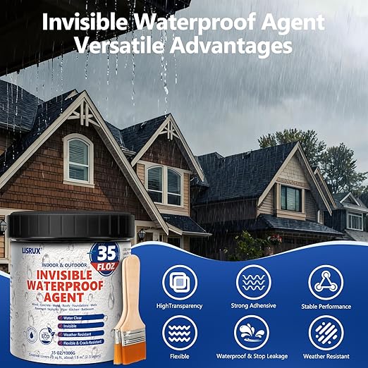Waterproof Sealant 35 oz, Clear, Transparent Waterproof Coating, Water-Based Invisible Waterproof Agent for Roof, Wall, Garden, Terrace, Indoor and Outdoor Use