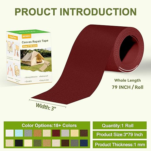 Besezx Canvas Repair Tape,Outdoor Gear Patch, 3x79 Inches,Waterproof Self-Adhesive Fabric Repair Tape for Repairing Boat Covers,Sun Shades,Sofas,Tents,Lounge Chairs,Awnings (Burgundy)