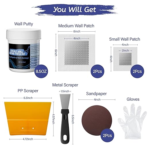 Oriflame Drywall Repair Kit: 8.5 Ounce Spackle Wall Repair with Patch/Scraper/Sandpaper/Gloves - White Wall Putty for Nail Holes/Cracks/Dents/Stains/Peeled Wall (1)