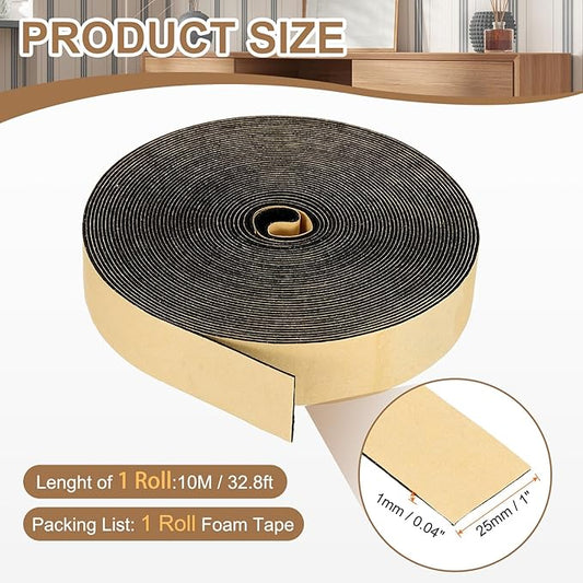 PATIKIL Foam Insulation Tape, 1" W x 1/16" t x 32.8FT Self Adhesive Weather Stripping Door Seal Strip for Door Window Air Conditioning, Black