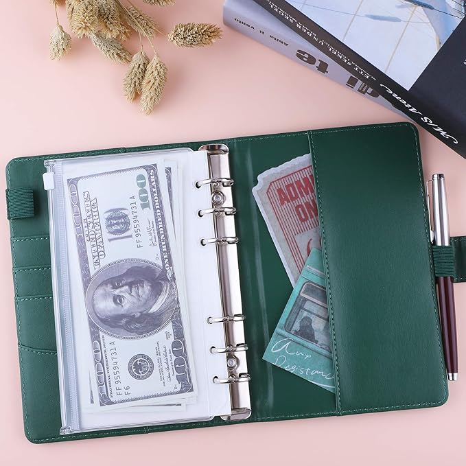 Antner A6 Notebook Binder 6 Ring Refillable Budget Planner Cover for A6 Refill Paper, PU Leather Loose Leaf Personal Planner Wallet Money Organizer Binder with Magnetic Buckle Closure, Dark Green