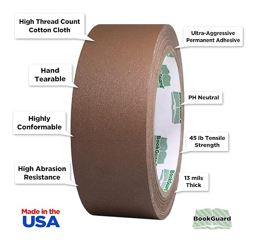BookGuard 1-1/2 Inch Vinyl-Coated Cotton Cloth Bookbinding Repair Tape, 15 Yard Roll, Light Brown