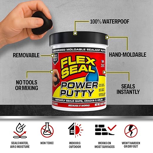 Flex Seal Power Putty, Moldable Waterproof Rubberized Sealant, Instantly Fills Gaps, Cracks, or Holes, Removable Reusable, Works Underwater, Pipes, Marine, Auto, RV, Metal, Plastic, Wood, Gray 16 oz