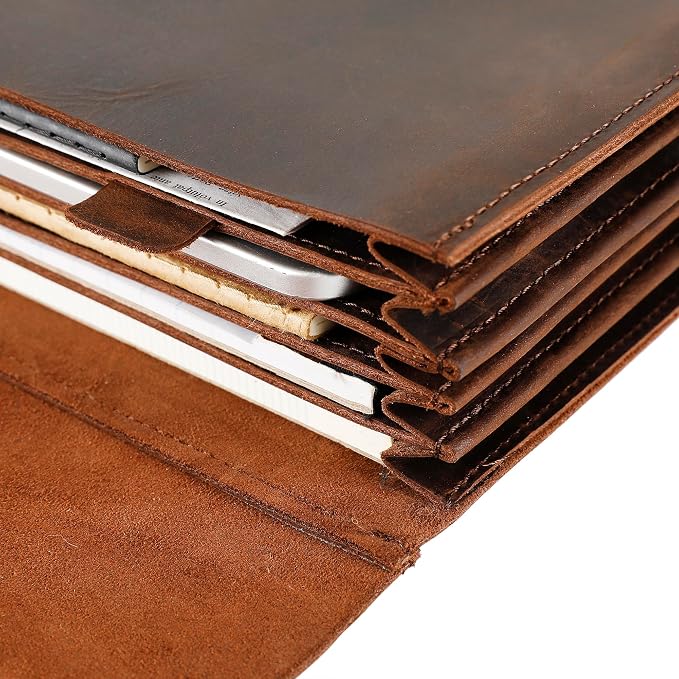 Genuine Leather File Folder, Accordian File Organizer, Leather Document Holder Resume Folio for Men & Women-Dark Brown-Custom