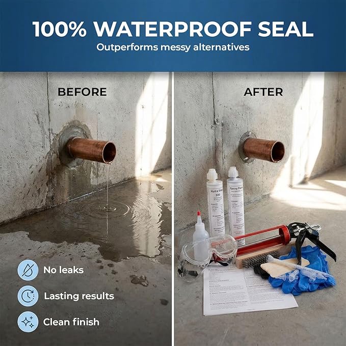 Water Pipe & Foundation Leak Repair Kit, Expanding Waterproof Sealant Foam for Pipe Penetrations Up to 1" Diameter, Basement Waterproofing & Concrete Wall Waterline Leak Sealer, No-Drill DIY Solution