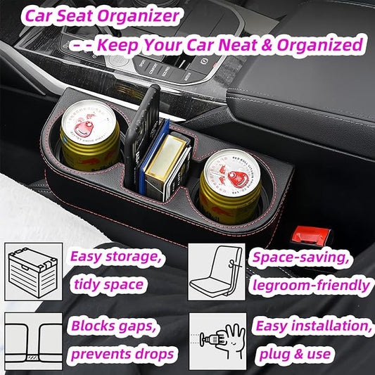 Car Cup Holder Expander & Seat Gap Filler - PU Leather Cover with Stitching, Multifunctional Front Seat Organizer, for Car Truck Van, Holds Large Cups and Phones,Prevent Dropping Items (1Pack, Black)