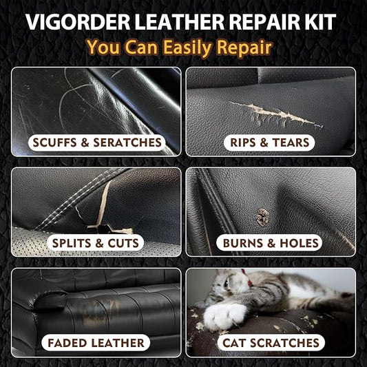 Vigorder Leather Repair Kit for Furniture, Vinyl Repair Kit for Furniture, Sofa, Jacket, Purse – Super Easy Instructions to Fix Scratches, Tears, Holes, and Peeling (Black)