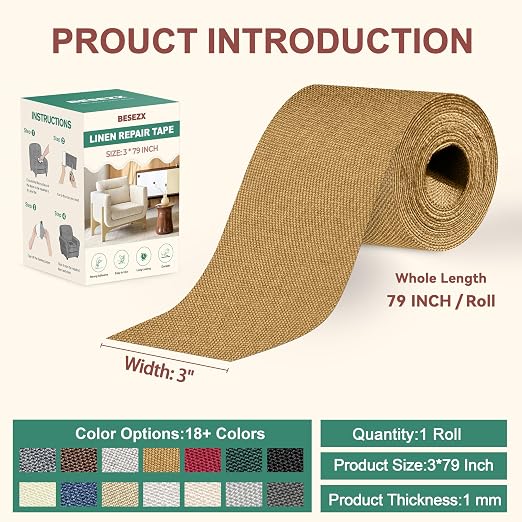 BESEZX Linen Fabric Repair Tape, 3x79 Inch Self Adhesive Repair Patches, Couch Fabric Tape for Furniture, Sofa, Chair, Upholstery.(Flaxen)