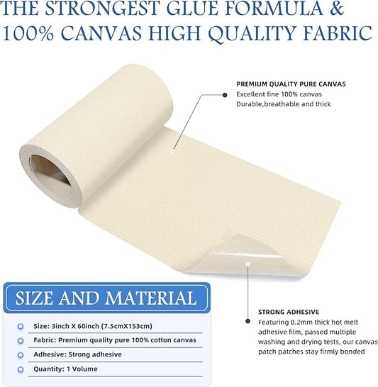KING MOUNTAIN Canvas Iron on Patch,3"×60",Waterproof 100% Cotton Fabric Repair Patch,Used for Various Sofa,Tent,Clothes,Seats,Suitcases (Beige)
