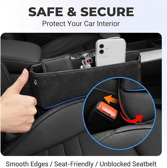 1 PC Car Seat Gap Filler, Multifunctional Leather Storage Box with Cable Port, Anti-slip Organizer for Phone Key Card, Universal for Most Cars, Trucks, SUVs (Black)