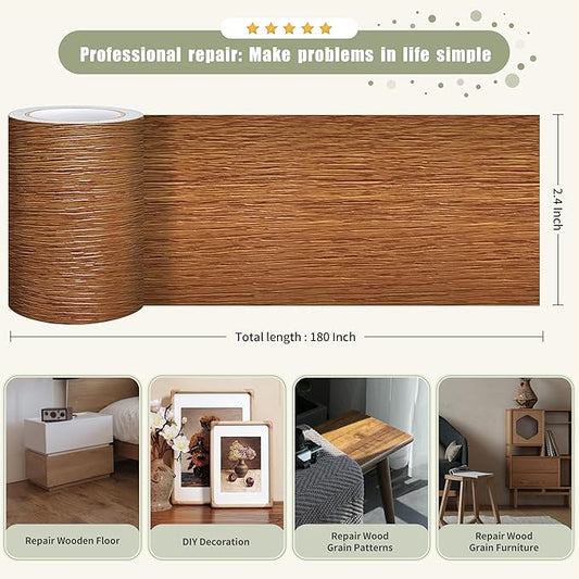 Besezx Wood Grain Tape, 2.4" X15', Self Adhesive Wood Grain Repair Patch for Tables, Chairs, DIY,Baseboards, Doors, Windows, Floors and Furniture Renovation.(Raw Wood Grain)