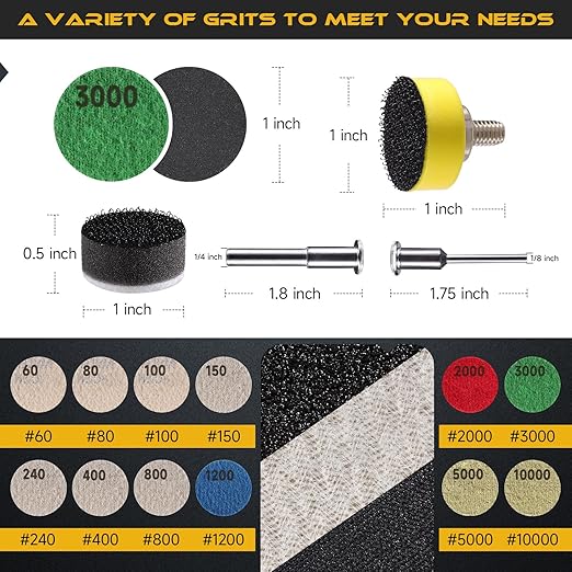 185 PCS 1 Inch Sanding Disc, GOH DODD Hook and Loop 60 to 10000 Grit Wet Dry Sandpaper Sand Paper with 1/8" 1/4" Shank, Backing Pad, Foam Sanding Pads for Auto Metal Glass Resin Wood Sanding