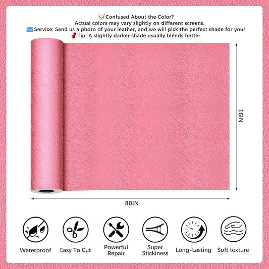 Pink Leather Repair Tape, 16x80 Inch Leather Repair Patch Self-Adhesive, Waterproof Faux Leather Patch, Vinyl Repair Tape for Couch, Sofas, Furniture, Office Chair, Car Seats