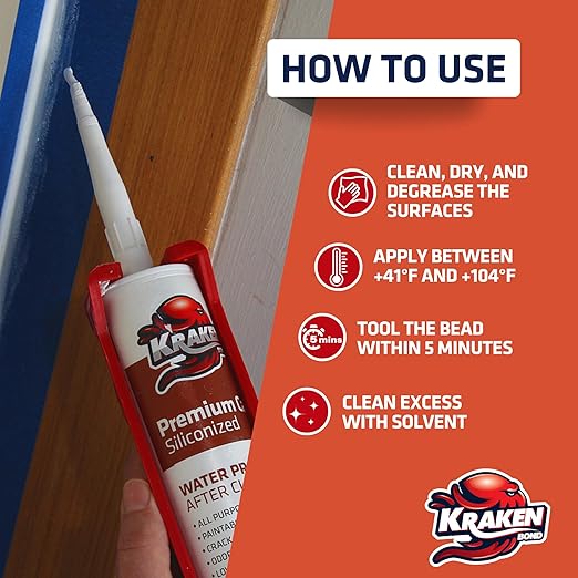 Kraken Bond Premium All Purpose Acrylic Latex Caulk - (12x10.1 fl. oz.) White Paintable Interior and Exterior Window Caulk, Baseboard, Trim, Kitchen and Bathroom - Waterproof, Odorless - 12 Pack