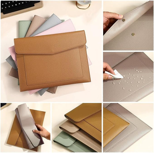 A4 Large Capacity Document Bag, Premium PU Leather File Holder, Multi-Color, Double-Layer Design, 13.39 x 10.04 Inches (Apricot)