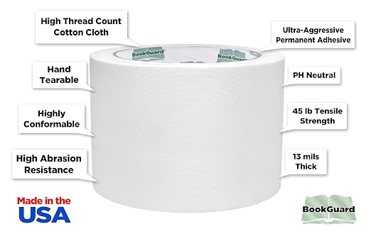 BookGuard 3 inch Premium Bookbinding Repair Cloth Tape, 15 Yard Roll, White