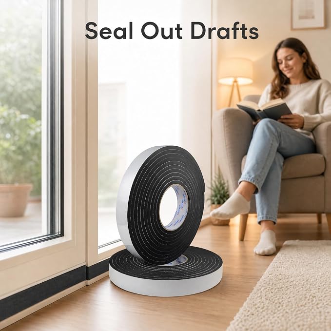 Seal Foam Tape,1/4" Thick-1/2-16.5 ft 2Rolls, Weather Stripping for Door and Window,High Density Single Sided Closed Cell Door Insulation Weather Strip, Black (1/4" Thick-1/2-16.5 ft)