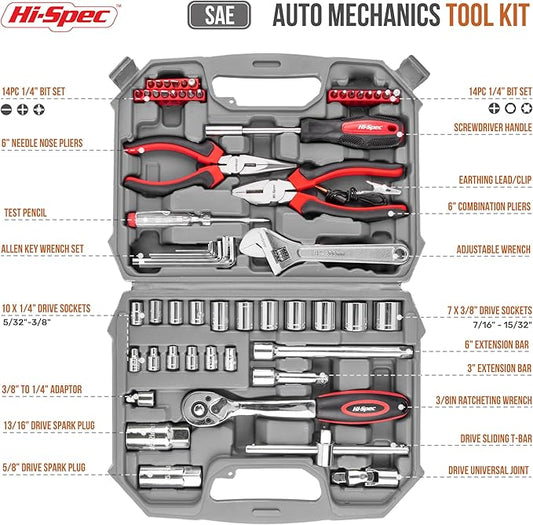 Hi-Spec Tools 67pc SAE Auto Mechanics Hand Tool Kit Set. Complete Car, Motorcycle, Engine & Garage Repairs with Sockets, Ratchet Wrench, Pliers & More