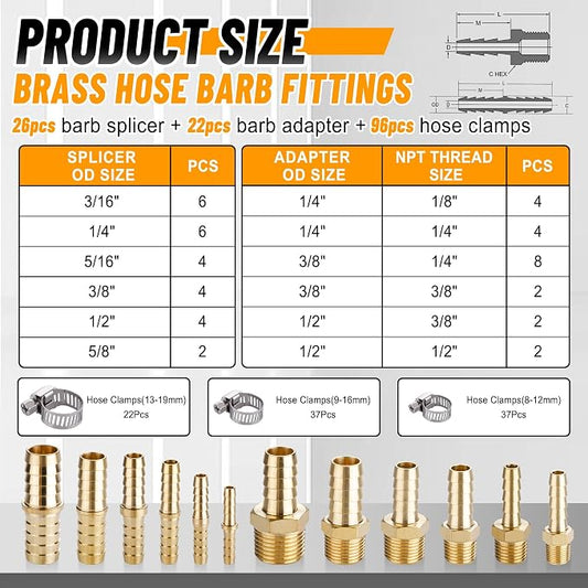 48PCS Brass Hose Barb Fittings,Barb Splicer Mender 3/16" 1/4" 5/16" 3/8" 1/2" 5/8" and Male Thread Adapter 3/8" Barbed to 1/4" NPT, 1/4" Barbed to 1/4" NPT Male with 96Pcs Pipe Hose Clamps