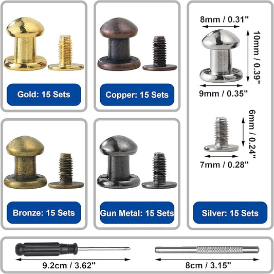 YORANYO 75 Sets 8MM Round Head Button Stud for Leather Chicago Screws Spikes and Stud Leather Rivets Screws Button Rivets for Repair and Decorate Clothing Shoes Belts Bags Dog Collars (Mixed in Box)