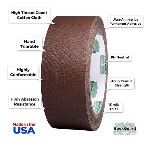 BookGuard 1-1/2 Inch Vinyl-Coated Cotton Cloth Bookbinding Repair Tape, 15 Yard Roll, Brown