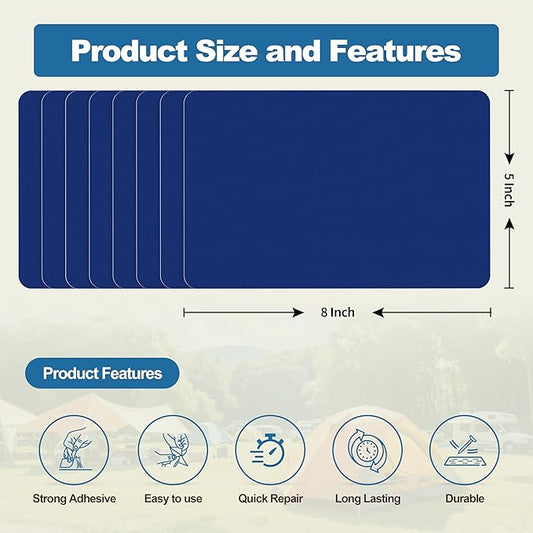 KING MOUNTAIN Self Adhesive Nylon Fabric Repair Patch, 5×8 Inches 8 Pcs, Quick Down Jacket Repair Patch, Waterproof Outdoor Gear Patch Kit for Tent,Backpacks,Umbrella, Gloves, Sleeping Bag (Dark Blue)