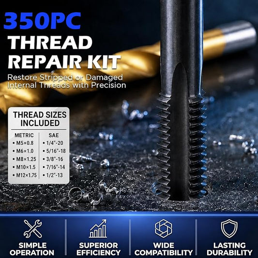350PC SAE and Metric Thread Repair Kit, Thread Restorer Tool Set with HSS Drill Bits, Taps, Thread Inserts, Installation and Break-Off Tools for Stripped Threads, Automotive Repair and Metalworking