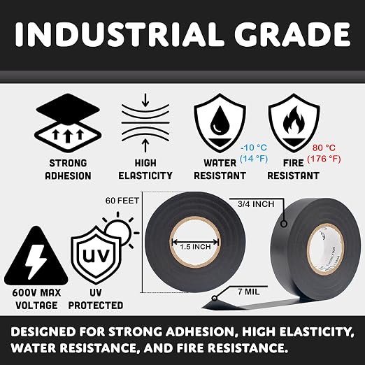 TradeGear Black 1 Pack - UL Listed Colored Electrical Tape, 60 ft x 3/4 in, 600V, Flame Retardant, Waterproof, Rubber Adhesive - Phase Marking, Wire ID, Automotive