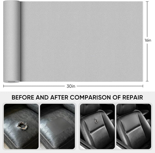 Leather Repair Tape,16 x 30 Inches Self Adhesive Leather Repair Patch,Leather Repair Kit for Furniture,Couches,Car Seats,Cabinets,Handbags(Fine-Grain Light Gray)