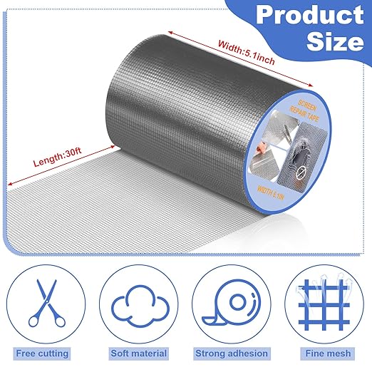 CroBlissful Extra Wide 5 inch x 30 ft Window Screen Tape Mesh Repair Strong Adhesive Waterproof Fiberglass Screen Repair Kit Patch for Window Door Tears Holes(Gray)